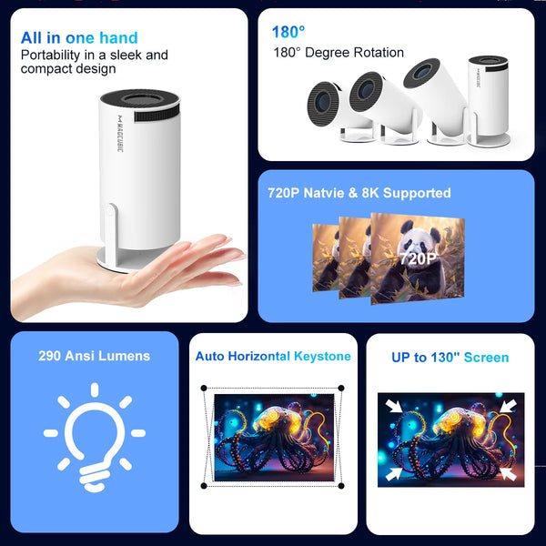 Magcubic Mini Portable HY300 Pro Projector 8K Full HD Native 720P 290 ANSI BT5.4 Android 14 Home Theater Outdoor Projector