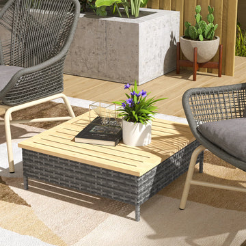 Outdoor Side Table with PE Rattan, Patio End Table with Wood Top
